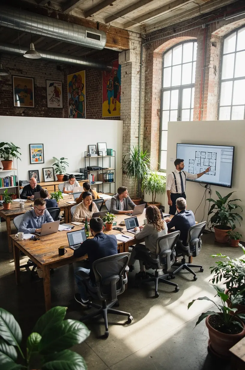Zdjęcie z góry przedstawiające dobrze zorganizowaną przestrzeń coworkingową z podziałem na stanowiska